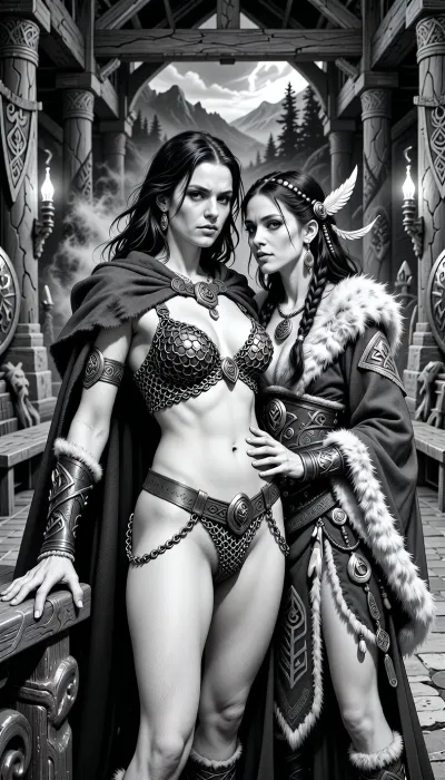 A black and white line drawing depicting an adult Cimmerian barbarian queen standing in the great hall of her people in Cimmeria, in a dark sword-and-sorcery world inspired by Conan. She is in her mid-twenties, tall, muscular, powerful and regal, with long wild dark hair, strong rugged features, pale weathered skin, and a calm, stern, self-assured expression. She is beautiful in a fierce northern way, more powerful than delicate. She wears rich but harsh Cimmerian chainmail bikini suited to a cold brutal land, detailed chainmail bikini made from detailed steel rings linked together to form the erotic fantasy armor, broad belts, arm rings, carved bone and stone jewelry, and a heavy cloak draped around her shoulders, her breasts and vagina is visible through the chain links of her chainmail bikini. One hand rests on the carved arm of a rough wooden throne.

Behind and slightly beside her stands her female Cimmerian sorcerer, advisor and lover. She is an equally beautiful adult woman, slightly taller, with long dark hair braided with bone beads and feathers, intense pale eyes, and an unreadable expression. She wears layered robes and cloaks of fur, wool and leather, decorated with runes, carved talismans, bone charms and ancient tribal symbols. She stands much closer than a mere advisor should, one hand resting lightly and possessively at the queen’s waist as she leans toward her ear as if whispering private counsel. The queen’s relaxed posture and faint private smile reveal intimacy, trust and conspiracy between them.

The setting is unmistakably Cimmerian, massive timber beams, rough stone walls, carved wooden pillars, animal pelts, shields, spears, smoky braziers, long benches, banners, and a distant opening toward bleak mountains, dark forests and a storm-heavy sky. Subtle ancient magic surrounds the sorceress, faint mist around her fingers and the ghostly suggestion of a wolf, raven or shadowy ancestral spirit in the darkness behind her.

Rendered as detailed black and white lineart, ink illustration, clean contour lines, crisp linework, elegant hatching and cross-hatching, no color, no grayscale painting, no painterly shading, strong silhouettes, dramatic lighting suggested through line density, full-body composition, queen dominant in the foreground, sorceress intimately behind her, richly detailed fur, leather, metal, chainmail, wood and stone textures, realistic anatomy, classic fantasy illustration feel, refined monochrome sword-and-sorcery art.