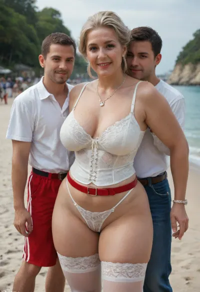 (1boy, 1Mom:1.4), (different ages:1.6), Chinese baddie blonde tall elegant mature Mom with little short torso tiny stepson, (in living public beach outdoor:1.2), family photo portrait together, (gilf:1.15), (bbw:.9), (crotchless clothes:1), white corset, (red leather belt), (white lace stockings), (leather straps, lace white crotchless leggings with garter), white summer jacket, (sunhat:.8), saggy waist, (big natural saggy breasts under big cups white bra:1.2), (white tight crotchless panties:1.3), (pierced nipples rings), (big labia cameltoe:1.5), (gaping vagina:1.2), (oiled glossyshiny skin:1.4), (cellulite:1.3), (detailed elegant red 1 bag:1.2), necklace, living dynamic poses, perfect 5 fingers, slutty smirk, .