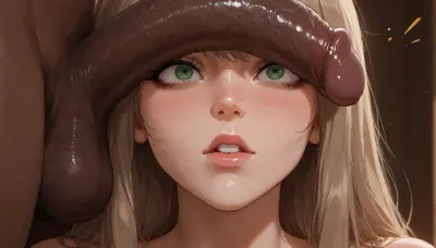 (ilya_kuvshinov:.7), (semi_realistic:1.1), (detailed_face:1.2), realistic_face, 1girl, 1boy, hetero, interracial, (penis_on_face:1.3), (flaccid:1.4), (soft_penis:1.2), (huge_penis:1.3), thick, heavy, uncircumcised, foreskin, (dark_skin_male:1.2), dark_penis, (resting_on_face:1.2), penis_across_face, covering_eye, girl_face_close_up, (wide_eyes:1.3), (shocked_expression:1.2), open_mouth, lips_parted, green_eyes, (size_difference:1.2), penis_larger_than_face, light_brown_hair, long_hair, soft_waves, smokey_eyeshadow, brown_eyeshadow, mascara, long_eyelashes, pink_lips, natural_blush, oval_face, soft_jawline, small_nose, fair_skin, (extreme_close_up:1.3), face_focus, portrait, shallow_depth_of_field, soft_lighting, warm_tones, studio_lighting