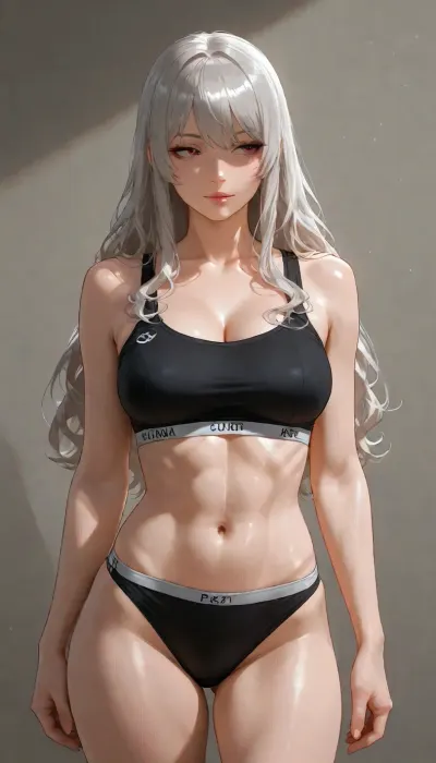 A beautiful young woman with an athletic, toned physique, standing in a natural confident pose, wearing form-fitting sports lingerie set, black seamless sports bra with thin straps and matching high-waisted athletic panties with subtle mesh panels, soft natural skin texture, light sheen of healthy skin, defined abs and athletic legs, long wavy hair cascading over one shoulder, soft natural makeup, looking slightly to the side with a calm confident expression, studio lighting with soft key light from the left creating gentle shadows, clean minimal background in soft neutral gray, high detail, photorealistic, 8k, sharp focus, realistic skin pores and fabric texture