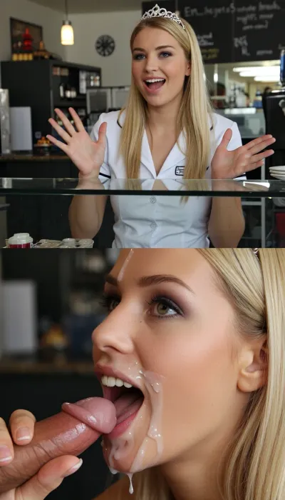 Photorealistic vertical split-screen, top half and bottom half completely independent, interracial.

TOP HALF, Young blonde woman with silver tiara and white uniform standing behind a counter, exact same framing as the top reference. She is alone. She behaves actively and energetically, smiles flirty, gestures with her hands, shifts her weight, leans closer to the camera while speaking, and makes lively natural head and shoulder movements. She looks at the camera and speaks energetically with playful pauses in a teasing voice, “Em… I’ve got a 5-minute break right now… Any ideas what we can do? M?…” Only her voice is heard. Soft natural breathing. Moderately busy cafe background sounds with distant voices. No oral actions, no cock, no cum on the top half.

BOTTOM HALF, Close-up of the same young blonde woman. Her face, lips and chin are covered with transparent white cum from the first frame and the cum stays on her face the entire time. A man’s hand rhythmically strokes a thick hard cock. She greedily sucks the cock, looking at the camera with a happy pleasure expression, moving her mouth on the cock and smearing the cum. No speaking, no dialogue, only soft wet sucking sounds and her quiet pleasure breathing. No counter.

Top half = active flirty gesturing, leaning closer, energetic monologue. Bottom half = only continuous blowjob with permanent cum and pleasure. The two halves never exchange actions, faces, or sound. Strict real-time normal speed.

Pure visual video, no subtitles, no text, no captions.