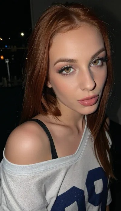 (late night intimate snapshot of an sultry 30yo woman in a playful seductive pose:4), (large expressive eyes), (charming girl-next-door aesthetic), (long red hair falling loose in a casual style), (luscious soft lips, strong defined jawline), (long thick eyelashes frame her mischievous warm golden-brown eyes with sharp contrasting limbal rings, catch-lights reflected in eyes), (she casually wears a loose oversized sports jersey off the shoulder with a black bra strap visible), overexposed, night time, dark room, lights off, moody lighting