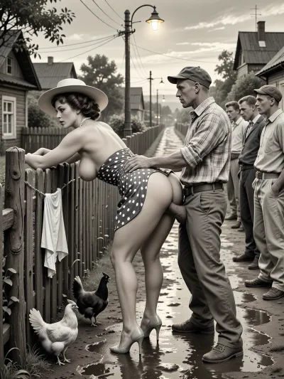 This is is a detailed monochromatic pencil drawing in a classical illustrative style depicts a scene set in USSR, in 1960s, Soviet village, 1960s — a late summer evening. A long wooden village fence stretches along the slushy, wet road, where the dim yellow light of an old street lamp casts shadows. A fashionable 40‑year‑old city dweller — with a large, beautiful bust — is leaning forward in a “doggy style” pose, facing a group of village men. She has bent forward low, resting her slightly bent arms on the old wooden fence. Her snow‑white panties are hanging on the fence. She is illuminated by the light from a street lamp, in the background, a village alley is visible. A married beautiful curvy milf with seductive faces and wide hips, city dweller, a brown elegant hairstyle, she is wearing a polka dot dress in the style of 1960, the dress is lifted high up to the waist, revealing a huge, beautiful butt. a pearl necklace, a stylish wide-brimmed hat, polished high-heeled shoes completely unsuitable for dirty country roads, carefully curled hair, exaggerated urban sophistication, a female orgasm, chickens running at her feet, rustic peasants in simple clothes watching with fun, rustic atmosphere, humorous contrast between luxurious urban fashion and the poor life of a rural collective farm behind the city lady stands an unshaven village peasant in baggy trousers, an old cap, sharp visors from the movie and battered shoes. He is holding the woman by the waist. He is fucking the woman with his huge, thick, sinewy penis, having pulled his pants down to her hips. This is rough sex from behind — anal sex, hard penetration from behind. Several other men are standing nearby, they are looking at the woman in the doggy position and waiting for their turn. The men are standing in a semicircle.
Special attention should be paid to the men’s clothing, ill‑fitting, crumpled jackets, baggy trousers with distinct creases, old eight‑panel caps, rough canvas boots, unbuttoned checkered shirts, and rolled‑up sleeves. Their clothing is modest, worn, and slightly dusty&nbsp;—&nbsp;this lends the image an extraordinary authenticity characteristic of Soviet rural areas in the 1960s. In the background, wooden houses and scattered trees are visible, where the warm light of a street lamp merges with the deep blue evening sky. The overall atmosphere is both slightly animated and good‑naturedly comical — like a scene from an old Mosfilm film. Soviet cinematic comedy, the authentic aesthetics of Soviet rural life, warm lamp light, film grain, hyper‑realistic and detailed clothing textures, a relaxed moment, a nostalgic atmosphere. Side angle, medium shot., The overall mood is intense, rendered in fine, expressive line work and subtle shading, evoking the style of 1950s satirical or moralistic illustrations.