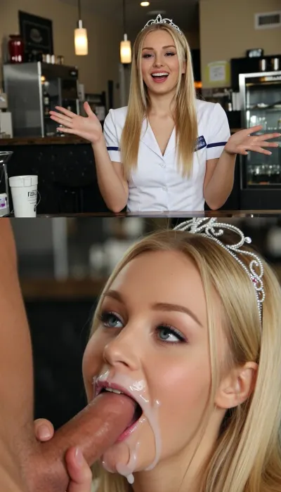 Photorealistic vertical split-screen, top half and bottom half completely independent.

TOP HALF, Young blonde woman with silver tiara and white uniform standing behind a counter, exact same framing as the top reference. She is alone. She behaves actively and energetically, smiles flirty, gestures with her hands, shifts her weight, leans closer to the camera while speaking, and makes lively natural head and shoulder movements. She looks at the camera and speaks energetically with playful pauses in a teasing voice, “Em… I’ve got a 5-minute break right now… Any ideas what we can do? M?…” Only her voice is heard. Soft natural breathing. Moderately busy cafe background sounds with distant voices. No oral actions, no cock, no cum on the top half.

BOTTOM HALF, Close-up of the same young blonde woman. Her face, lips and chin are covered with transparent white cum from the first frame and the cum stays on her face the entire time. A man’s hand rhythmically strokes a thick hard cock. She greedily sucks the cock, looking at the camera with a happy pleasure expression, moving her mouth on the cock and smearing the cum. No speaking, no dialogue, only soft wet sucking sounds and her quiet pleasure breathing. No counter.

Top half = active flirty gesturing, leaning closer, energetic monologue. Bottom half = only continuous blowjob with permanent cum and pleasure. The two halves never exchange actions, faces, or sound. Strict real-time normal speed.

Pure visual video, no subtitles, no text, no captions.