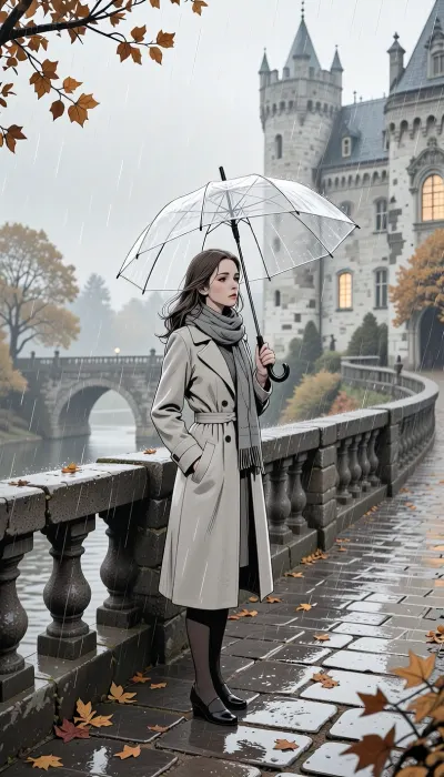 A detailed 2D line art illustration of a beautiful young woman standing on an old stone bridge near a historic European castle during gentle autumn rain. She is in her late twenties, with softly windswept hair and a calm, thoughtful expression. She wears an elegant autumn coat and scarf, and holds a transparent umbrella above her. The image is framed from around the knees or mid-thigh up so she is clearly the main focus, while the old stone bridge, bridge railing, wet cobblestones, and the castle in the background remain clearly visible and important to the composition.

A detailed 2D line art illustration of a beautiful young woman standing on an old stone bridge near a historic European castle during gentle autumn rain. She is in her late twenties, and the castle in the background remain clearly visible and important to the composition. The scene should feel romantic, atmospheric, and poetic. Fallen autumn leaves are scattered across the bridge, and faint rain can be seen against the umbrella and in the air. The castle rises in the background through soft mist, with a few subtle glowing windows. The artwork should be rendered as a clean, expressive 2D ink-style line drawing or pen-and-ink style stregtegning, with elegant contour lines, fine cross-hatching, light shading, and careful architectural detail. Emphasis on clear outlines, transparent umbrella structure, graceful pose, believable perspective, and a balanced composition. Monochrome or mostly monochrome line art, optionally with only the lightest hint of muted tone, no painterly rendering, no photorealism, no 3D look.