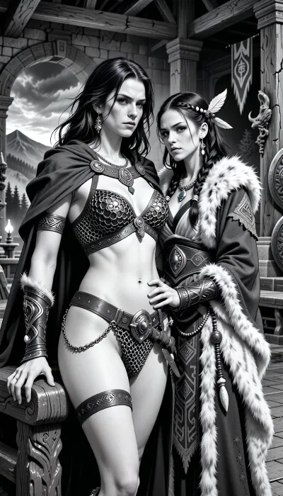 A black and white line drawing depicting an adult Cimmerian barbarian queen standing in the great hall of her people in Cimmeria, in a dark sword-and-sorcery world inspired by Conan. She is in her mid-twenties, tall, powerful and regal, with long wild dark hair, strong rugged features, pale weathered skin, and a calm, stern, self-assured expression. She is beautiful in a fierce northern way, more powerful than delicate. She wears rich but harsh Cimmerian chainmail bikini suited to a cold brutal land, detailed chainmail bikini made from detailed steel rings linked together to form the erotic fantasy armor, broad belts, arm rings, carved bone and stone jewelry, and a heavy cloak draped around her shoulders. One hand rests on the carved arm of a rough wooden throne.

Behind and slightly beside her stands her female Cimmerian sorcerer, advisor and lover. She is an equally beautiful adult woman, slightly taller, with long dark hair braided with bone beads and feathers, intense pale eyes, and an unreadable expression. She wears layered robes and cloaks of fur, wool and leather, decorated with runes, carved talismans, bone charms and ancient tribal symbols. She stands much closer than a mere advisor should, one hand resting lightly and possessively at the queen’s waist as she leans toward her ear as if whispering private counsel. The queen’s relaxed posture and faint private smile reveal intimacy, trust and conspiracy between them.

The setting is unmistakably Cimmerian, massive timber beams, rough stone walls, carved wooden pillars, animal pelts, shields, spears, smoky braziers, long benches, banners, and a distant opening toward bleak mountains, dark forests and a storm-heavy sky. Subtle ancient magic surrounds the sorceress, faint mist around her fingers and the ghostly suggestion of a wolf, raven or shadowy ancestral spirit in the darkness behind her.

Rendered as detailed black and white lineart, ink illustration, clean contour lines, crisp linework, elegant hatching and cross-hatching, no color, no grayscale painting, no painterly shading, strong silhouettes, dramatic lighting suggested through line density, full-body composition, queen dominant in the foreground, sorceress intimately behind her, richly detailed fur, leather, metal, chainmail, wood and stone textures, realistic anatomy, classic fantasy illustration feel, refined monochrome sword-and-sorcery art.