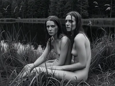 fine art black and white photography, Scandinavian documentary aesthetic, Anders Petersen or Mikael Jansson, large format film, Ilford HP5 pushed one stop, deep rich blacks, luminous skin tones, heavy grain.

Two 30 year old women sitting together in long wild grass by a still dark pond, wet hair, expressions serious and interior, not performing for the camera.

Dense reeds and wildflowers pressing in around them, the dark pond reflecting the treeline behind, overcast northern light, flat and even, no harsh shadows, the landscape close and slightly oppressive, shot at their level, intimate and direct