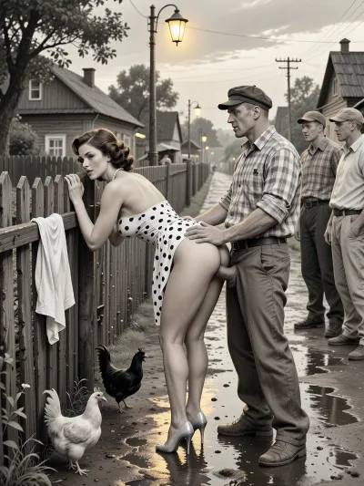 This is is a detailed monochromatic pencil drawing in a classical illustrative style depicts a scene set in USSR, in 1960s, Soviet village, 1960s — a late summer evening. A long wooden village fence stretches along the slushy, wet road, where the dim yellow light of an old street lamp casts shadows. A fashionable 40‑year‑old city dweller — with a large, beautiful bust — is leaning forward in a “doggy style” pose, facing a group of village men. She has bent forward low, resting her slightly bent arms on the old wooden fence. Her snow‑white panties are hanging on the fence. She is illuminated by the light from a street lamp, in the background, a village alley is visible. A married beautiful curvy milf with seductive faces and wide hips, city dweller, a brown elegant hairstyle, she is wearing a polka dot dress in the style of 1960, the dress is lifted high up to the waist, revealing a huge, beautiful butt. a pearl necklace, polished high-heeled shoes completely unsuitable for dirty country roads, carefully curled hair, exaggerated urban sophistication, a female orgasm, chickens running at her feet, rustic peasants in simple clothes watching with fun, rustic atmosphere, humorous contrast between luxurious urban fashion and the poor life of a rural collective farm behind the city lady stands an unshaven village peasant in baggy trousers, an old cap, sharp visors from the movie and battered shoes. He is holding the woman by the waist. He is fucking the woman with his huge, thick, sinewy penis, having pulled his pants down to her hips. he fucks holding a woman by the hips with his hands, This is rough sex from behind — anal sex, hard penetration from behind. Several other men are standing nearby, they are looking at the woman in the doggy position and waiting for their turn. The men are standing in a semicircle.Special attention should be paid to the men’s clothing, ill‑fitting, crumpled jackets, baggy trousers with distinct creases, old eight‑panel caps, rough canvas boots, unbuttoned checkered shirts, and rolled‑up sleeves., ((all the village men mockingly laugh at her)), Their clothing is modest, worn, and slightly dusty&nbsp;—&nbsp;this lends the image an extraordinary authenticity characteristic of Soviet rural areas in the 1960s. In the background, wooden houses and scattered trees are visible, where the warm light of a street lamp merges with the deep blue evening sky. The overall atmosphere is both slightly animated and good‑naturedly comical — like a scene from an old Mosfilm film. Soviet cinematic comedy, the authentic aesthetics of Soviet rural life, warm lamp light, film grain, hyper‑realistic and detailed clothing textures, a relaxed moment, a nostalgic atmosphere. Side angle, medium shot., The overall mood is intense, rendered in fine, expressive line work and subtle shading, evoking the style of 1950s satirical or moralistic illustrations.