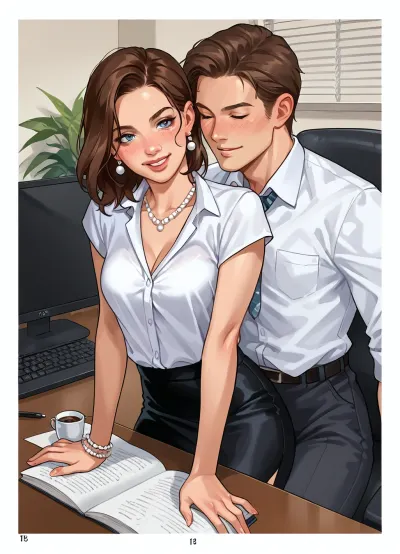 US comic illustration, 2D, vibrant colors. Hand drawn comic book style, graphic illustration, comic art, graphic novel art. In the style 90s us comic books. In her office, in front of a male colleague, a 25 years old sexy woman with very sexy forms in business white shirt and black skirt, is looking at her colleague, she has an elegant low cut, small gold chain necklace, small white pearl earrings, she holds a thin black pen close to her lips with a provocative and dominant smile. She looks at her colleague. Emphase on her seductive and dominant presence. Sharp focus on her face and body.

She is standing beside her desk, leaning backward with her upper body, one arm resting firmly on the desk for support, her torso subtly arched backward, while her other hand holds a thin black pen close to her lips. The man appears small in the frame.

The office is a contemporary workplace. Coffee cup, keyboard, computer monitor, are partly visible without distracting the attention from
The characters . Scene viewed from behind the sitting colleague shoulder. flat color fills, cel-style color blocking, limited tonal gradients, ink outlines, halftone shading in the background.

directional daylight from one side