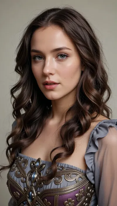 Yennefer von Vengerberg
with brunette wavy long hair
in the dress from the image
