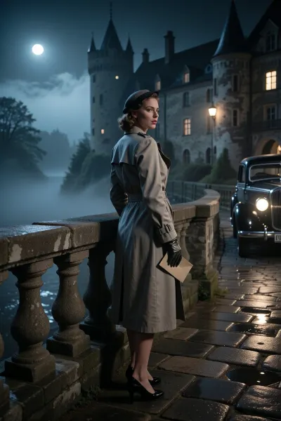 A cinematic, photorealistic 1930s mystery scene of a stylish woman standing on an old stone bridge near an ancient European castle at night. She is in her late twenties or early thirties, elegant and poised, wearing a tailored trench coat or long 1930s coat, gloves, and a small hat or softly waved hair in a period-appropriate style. She stands near the stone railing of the bridge, holding a small envelope or folded letter in one hand, glancing back over her shoulder as if waiting for a secret meeting or sensing that someone is watching her. A vintage 1930s car is parked discreetly near the far end of the bridge or road behind her. The old castle looms in the misty background, partially lit by moonlight or a few dim window lights. The atmosphere is foggy, tense, and elegant, with wet stones, soft pools of lamplight, subtle mist, and the mood of a European noir spy thriller. The image should feel suspenseful, refined, and cinematic, with period authenticity and strong storytelling. Realistic anatomy, realistic hands, period-correct wardrobe, moody lighting, subtle fog, wet stone textures, cinematic noir composition, high detail.