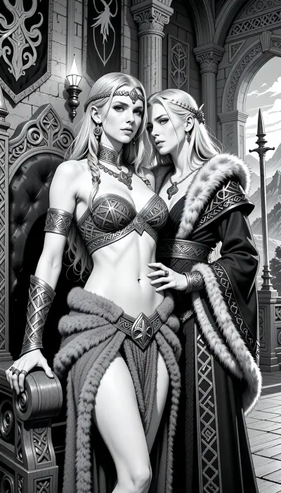 A black and white line drawing depicting, a beautiful adult Æsir princess stands in a magnificent royal hall in Asgard, in a mythic fantasy world inspired by Norse legend and heroic sword-and-sorcery. She is in her mid-twenties, tall, regal and powerful, with light skin, and long light hair braided with rings and small runic ornaments. Her features are noble, elegant and strong, and her expression is calm, proud and self-assured. She wears luxurious Asgardian royal clothing, a finely woven bikini layered with rich wool, linen and fur, fitted but regal, embroidered with knotwork, with heavy arm rings, rings, a broad neck collar and a delicate circlet with subtle raven and sun motifs. One hand rests on the carved arm of a great wooden throne.

Behind and slightly beside her stands her female Æsir sorceress, advisor and lover. She is an equally beautiful adult woman, slightly taller, long light hair, pale eyes and an intense, unreadable expression. She wears layered dark robes, trimmed with fur and embroidered with runes and knotwork, adorned with jewelry, and a carved small talisman shaped like a raven. She stands much closer than a mere advisor should, one hand resting lightly and possessively at the princess’s waist as she leans toward her ear as if whispering private counsel. The princess’s relaxed posture and faint private smile reveal intimacy, trust and conspiracy between them.

The hall is unmistakably Asgardian, towering carved wooden pillars, knotwork beams, braziers, banners, furs, shields and ceremonial spears on the walls, intricate carvings of gods and heroes, wood and stone floors, and distant arches opening toward mountains and a dramatic northern sky.

Render as a black and white line drawing, detailed ink illustration, clean contour lines, elegant hatching and cross-hatching, high detail, no color, no grayscale painting, no painterly shading, classic fantasy illustration feel, crisp linework, strong silhouette, dramatic lighting suggested through line density, full-body composition, princess dominant in the foreground, sorceress intimately behind her, richly detailed costumes, jewelry and architecture, realistic anatomy, refined monochrome fantasy art.
