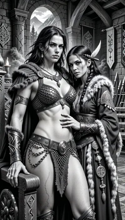 A black and white line drawing depicting an adult Cimmerian barbarian queen standing in the great hall of her people in Cimmeria, in a dark sword-and-sorcery world inspired by Conan. She is in her mid-twenties, tall, muscular, powerful and regal, with long wild dark hair, strong rugged features, pale weathered skin, and a calm, stern, self-assured expression. She is beautiful in a fierce northern way, more powerful than delicate. She wears rich but harsh Cimmerian chainmail bikini suited to a cold brutal land, detailed chainmail armor consisting of a bra like chainmail top and a chainmail loincloth, made from detailed steel rings linked together to form the erotic fantasy armor, broad belts, arm rings, carved bone and stone jewelry, and a heavy cloak draped around her shoulders, her breasts and vagina is visible through the chain links of her chainmail armor. One hand rests on the carved arm of a rough wooden throne.

Behind and slightly beside her stands her female Cimmerian sorcerer, advisor and lover. She is an equally beautiful adult woman, slightly taller, with long dark hair braided with bone beads and feathers, intense pale eyes, and an unreadable expression. She wears layered robes and cloaks of fur, wool and leather, decorated with runes, carved talismans, bone charms and ancient tribal symbols. She stands much closer than a mere advisor should, one hand resting lightly and possessively at the queen’s waist as she leans toward her ear as if whispering private counsel. The queen’s relaxed posture and faint private smile reveal intimacy, trust and conspiracy between them.

The setting is unmistakably Cimmerian, massive timber beams, rough stone walls, carved wooden pillars, animal pelts, shields, spears, smoky braziers, long benches, banners, and a distant opening toward bleak mountains, dark forests and a storm-heavy sky. Subtle ancient magic surrounds the sorceress, faint mist around her fingers and the ghostly suggestion of a wolf, raven or shadowy ancestral spirit in the darkness behind her.

Rendered as detailed black and white lineart, ink illustration, clean contour lines, crisp linework, elegant hatching and cross-hatching, no color, no grayscale painting, no painterly shading, strong silhouettes, dramatic lighting suggested through line density, full-body composition, queen dominant in the foreground, sorceress intimately behind her, richly detailed fur, leather, metal, chainmail, wood and stone textures, realistic anatomy, classic fantasy illustration feel, refined monochrome sword-and-sorcery art.