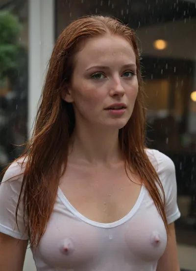 Blissful 25-year-old Irish woman, walking alone in the rain, raindrops splashing on her face, with very long redhead hair, drenched and slicked back from the rain, strong wide jaw, defined cheekbones, freckled nose, subtle freckles and vellus hairs, expressive mischievous green eyes, lips slightly parted, eyes closed in ecstasy, hair wet and wild, wearing a flowing white t-shirt, coffee to go, autumn colors, dreamy atmosphere, cinematic lighting, focus on woman's breasts, rain-streaked window reflection, urban setting, 8k, w3t, wet, tshirt, <lora:w3t_SDXL:.5>