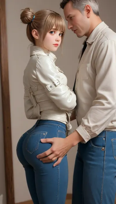 ((side view)), (1man + 1girl), cute 18 years Algerian woman, (hand tied in the back:1.6), small body, (tight jeans:1.5), (white straitjacket:1.4), (round bubble butt:1.5), (dark tanned skin), cute face, innocent face, (blond two buns with straight bangs), (caught by force and molested), (molested:1.4), ((tall, old man groping her ass)), by force, (ass grab:1.5), fully clothed, (look at the man:1.4), straitjacket, crossed, arms, latex, canvas, heavy, extreme, <lora:Ass_Pants_XL:1.7>, <lora:flat_chested_v3.5:1.6>, <lora:bottomheavy_v1_sdxl_LoRA:1.7>, <lora:Creat0r_MagicDetailzV2_FIX:1.4>, <lora:STRAITJACKET_XL:2>