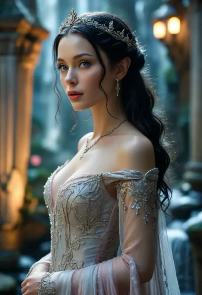 the stunningly beautiful Arwen Undómiel, Elven Princess of Rivendell, standing elegantly under the moonlight, surrounded by ancient Elven architecture and waterfalls, deep silver-blue eyes radiating wisdom and mystery, high cheekbones, delicate facial structure, flawless porcelain skin with a subtle ethereal glow, soft full pink lips slightly parted, long, loose and wavy jet-black hair cascading over her shoulders, illuminated by the heavenly glow, wearing an elegant flowing silver silk gown adorned with intricate Elven embroidery, wide ethereal sleeves falling gracefully, cinched at the waist with a delicate silver chain belt, Elven tiara resting upon her forehead, intricate filigree reflecting the moonlight, misty ambiance, <lora:MJ52:.8>