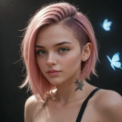 android doll female cute face 21yo, pink hair with Turkise stripes and sidecut, butterfly tattoo on sidecut, android led rgb magenta lightning, nanotexture skin, clothless, Fotoshooting, on stage black background, only spotlight on her, cinematic visuals