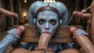 Masterpiece l portrait, (((blue skin twi’lek alien from Star Wars))), ((feeet and hand pillory:1.12)), 40 years old, sexy mom, mature, tall, toned, strong, fit, slim, (((completely blue skin, blue face))), blue skinned legs, blue skin arms, best quality, masterpiece, POV view, high resolution, (((glistening blue skin))), detailed eyes, (((big fake tits:1))), (((chain leash))), wearing skimpy slave chain micro bikini, broad shoulders, big tits, butt, beautiful detailed eyes, depth blur, visual key, vibrant, very detailed, (inside a dark dirty cave), jewelry, soft lighting, details in the background, ultra-detailed, sophisticated ambiance, looking at the viewer, two accurate hands, detailed fingers, (((slutty bimbo heavy mascara, eyeshadow, lipstick:1.5))), (((man’s hand pulling her chain leash:1.14))), (((angry hateful expression))), (chained to a pillory:1.12), (sloppy+blowjob+deepthroat+balls deep+vomcum), (crying+gagging+gasping+struggling+breathless+suffocating), (excess cum+cum overflowing from mouth+creampie), (sweat+spit+drool+tears+cum+dripping from her face), ((leaking from the pussy)), (ultra realistic), (maximum quality), (high resolution), (extreme detail), (ultra realism), 3/4-body view from below, UHD, super high quality, super high resolution, extremely detailed, perfect eyes, (man is choking her from behind:1.4), ((hogtied, bound for sex, tied up)), (black eyes), (frontside viewer view:1.7), (classroom:1.4), (high contrast:1.7), (short hair:1.3), (close view:1.4), (cute body:1.7), (hyper massive cock:1.2), of the beast is to big for her little mouth, impossible fit in mouth, looking up, (trying to fit in her mouth the massive cock:1.12), (Tears:2), (bukkake:1.12), (handjob:1.5), above view, cum in mouth, cum on forehead, cum on cheeks, porn photoshoot, (huge dick), (creamy deep deepthroat:1.12), (extreme oral sex:1.4), (huge massive white dick:1.4), (cum), (hands holding hair), (huge dick:1.4), (bukakke), (cum in face, cum on body), (covered in cum), 8k wallpaper, (maximum quality:1.5), (ultra high resolution:1.7), (masterpiece:1.2), (full body view), award winning photo, (Extreme:1.5), (insanely detailed:1.9), (realism:1), (realistic:1.7), (hdr:1.4), hyper-detailed realistic body, hyper-detailed realistic face, (warm ambient light:.5), (dark shadows:1.4), receiving a non-consensual deep deepthroat and bukkake blowbang, sweaty skin, (excessive cum:1.12), (cum on face), (cum on body), (Cum in hair), photorealistic cum, thin runny cum, thick chunky cum bukkake, unwanted bukkake, 4boys, 5boys, 6+boys, multiple black men, Transparent Liquid, gangbang, orgy, penis, cum, cumbath, black_dicks_everywhere, drooling cum, multiple black cock cumming on face, drenched in cum, 10 black cocks surrounding face, 10 massive black cocks, 10 equine cocks, pony cocks, <lora:LCMTurboMix_Euler_A_fix:2>, <lora:JuggerCineXL2:2>, <lora:detailed_notrigger:2>, <lora:Dark_Elf_Warrior:2>, <lora:photorealistic_portrait_notrigger:2>