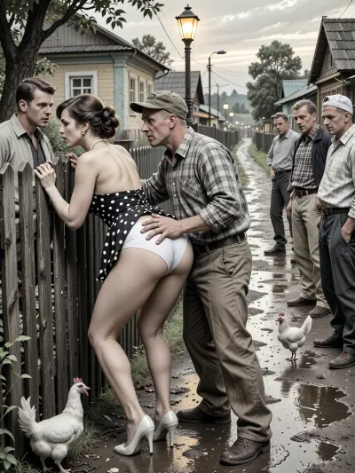 This is is a detailed monochromatic pencil drawing in a classical illustrative style depicts a scene set in USSR, in 1960s, Soviet village, 1960s — a late summer evening. A long wooden village fence stretches along the slushy, wet road, where the dim yellow light of an old street lamp casts shadows. A fashionable 40‑year‑old city dweller — with a large, beautiful bust — is leaning forward in a “doggy style” pose, facing a group of village men. She has bent forward low, resting her slightly bent arms on the old wooden fence. Her snow‑white panties are visible. She is illuminated by the light from a street lamp, in the background, a village alley is visible. A married beautiful curvy milf with seductive faces and wide hips, city dweller, a brown elegant hairstyle, she is wearing a polka dot dress in the style of 1960, the dress is lifted high up to the waist, revealing a huge, beautiful butt. a pearl necklace, polished high-heeled shoes completely unsuitable for dirty country roads, carefully curled hair, exaggerated urban sophistication, a female orgasm, chickens running at her feet, rustic peasants in simple clothes watching with fun, rustic atmosphere, humorous contrast between luxurious urban fashion and the poor life of a rural collective farm behind the city lady stands an unshaven village peasant in baggy trousers, an old cap, sharp visors from the movie and battered shoes with vulgar smile. He is holding the woman by the waist. He is roughly paw the woman with his hand, touchs her bottoms by his fingers, This is rough grabs from behind . Several other men are standing nearby, they are looking at the woman in the doggy position and waiting for their turn. The men are standing in a semicircle.Special attention should be paid to the men’s clothing, ill‑fitting, crumpled jackets, baggy trousers with distinct creases, old eight‑panel caps, rough canvas boots, unbuttoned checkered shirts, and rolled‑up sleeves., ((all the village men mockingly laugh at her)), Their clothing is modest, worn, and slightly dusty&nbsp;—&nbsp;this lends the image an extraordinary authenticity characteristic of Soviet rural areas in the 1960s. In the background, wooden houses and scattered trees are visible, where the warm light of a street lamp merges with the deep blue evening sky. The overall atmosphere is both slightly animated and good‑naturedly comical — like a scene from an old Mosfilm film. Soviet cinematic comedy, the authentic aesthetics of Soviet rural life, warm lamp light, film grain, hyper‑realistic and detailed clothing textures, a relaxed moment, a nostalgic atmosphere. Side angle, medium shot., The overall mood is intense, rendered in fine, expressive line work and subtle shading, evoking the style of 1950s satirical or moralistic illustrations.