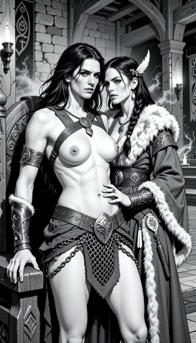 A black and white line drawing depicting an adult woman, a Cimmerian barbarian queen standing in the great hall of her people in Cimmeria, in a dark sword-and-sorcery world inspired by Conan. She is in her mid-twenties, tall, feminine, muscular, powerful and regal, with long wild dark hair, strong rugged features, pale weathered skin, and a calm, stern, self-assured expression. She is beautiful in a fierce northern way, more powerful than delicate. She wears rich but harsh Cimmerian chainmail loincloth suited to a cold brutal land, detailed chainmail armor consisting of a chainmail loincloth, made from detailed steel rings linked together to form the erotic fantasy armor, broad belts, arm rings, carved bone and stone jewelry, she is topless her extremely large breasts clearly visible. One hand rests on the carved arm of a rough wooden throne.

Behind and slightly beside her stands her female Cimmerian sorcerer, advisor and lover. She is an equally beautiful adult woman, slightly taller, with long dark hair braided with bone beads and feathers, intense pale eyes, and an unreadable expression. She wears layered robes and cloaks of fur, wool and leather, decorated with runes, carved talismans, bone charms and ancient tribal symbols. She stands much closer than a mere advisor should, one hand resting lightly and possessively at the queen’s waist as she leans toward her ear as if whispering private counsel. The queen’s relaxed posture and faint private smile reveal intimacy, trust and conspiracy between them.

The setting is unmistakably Cimmerian, massive timber beams, rough stone walls, carved wooden pillars, animal pelts, shields, spears, smoky braziers, long benches, banners, and a distant opening toward bleak mountains, dark forests and a storm-heavy sky. Subtle ancient magic surrounds the sorceress, faint mist around her fingers and the ghostly suggestion of a wolf, raven or shadowy ancestral spirit in the darkness behind her.

Rendered as detailed black and white lineart, ink illustration, clean contour lines, crisp linework, elegant hatching and cross-hatching, no color, no grayscale painting, no painterly shading, strong silhouettes, dramatic lighting suggested through line density, full-body composition, queen dominant in the foreground, sorceress intimately behind her, richly detailed fur, leather, metal, chainmail, wood and stone textures, realistic anatomy, classic fantasy illustration feel, refined monochrome sword-and-sorcery art.