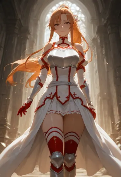 masterpiece, best quality, absurdres, newest, highres, very aesthetic, 1girl, solo, mature female, adult, asuna, (sword art online), nsfw, long orange hair, ponytail, brown eyes, beautiful detailed eyes, medium breasts, slender, athletic body, narrow waist, white dress, red accents, armor, breastplate, white and red combat outfit, thighhighs, boots, gloves, standing, looking at viewer, confident expression, slight smile, detailed background, fantasy battlefield, soft cinematic lighting, detailed face, detailed eyes, intricate details