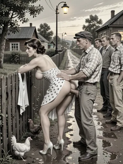 This is is a detailed monochromatic pencil drawing in a classical illustrative style depicts a scene set in USSR, in 1960s, Soviet village, 1960s — a late summer evening. A long wooden village fence stretches along the slushy, wet road, where the dim yellow light of an old street lamp casts shadows. A fashionable 40‑year‑old city dweller — with a large, beautiful bust — is leaning forward in a “doggy style” pose, facing a group of village men. She has bent forward low, resting her slightly bent arms on the old wooden fence. Her snow‑white panties are hanging on the fence. She is illuminated by the light from a street lamp, in the background, a village alley is visible. A married beautiful curvy milf with seductive faces and wide hips, city dweller, a brown elegant hairstyle, she is wearing a polka dot dress in the style of 1960, the dress is lifted high up to the waist, revealing a huge, beautiful butt. a pearl necklace, polished high-heeled shoes completely unsuitable for dirty country roads, carefully curled hair, exaggerated urban sophistication, a female orgasm, chickens running at her feet, rustic peasants in simple clothes watching with fun, rustic atmosphere, humorous contrast between luxurious urban fashion and the poor life of a rural collective farm behind the city lady stands an unshaven village peasant in baggy trousers, an old cap, sharp visors from the movie and battered shoes. He is holding the woman by the waist. He is fucking the woman with his huge, thick, sinewy penis, having pulled his pants down to her hips. he fucks holding a woman by the hips with his hands, This is rough sex from behind — anal sex, hard penetration from behind. Several other men are standing nearby, they are looking at the woman in the doggy position and waiting for their turn. The men are standing in a semicircle.Special attention should be paid to the men’s clothing, ill‑fitting, crumpled jackets, baggy trousers with distinct creases, old eight‑panel caps, rough canvas boots, unbuttoned checkered shirts, and rolled‑up sleeves. all men are mocking, Their clothing is modest, worn, and slightly dusty&nbsp;—&nbsp;this lends the image an extraordinary authenticity characteristic of Soviet rural areas in the 1960s. In the background, wooden houses and scattered trees are visible, where the warm light of a street lamp merges with the deep blue evening sky. The overall atmosphere is both slightly animated and good‑naturedly comical — like a scene from an old Mosfilm film. Soviet cinematic comedy, the authentic aesthetics of Soviet rural life, warm lamp light, film grain, hyper‑realistic and detailed clothing textures, a relaxed moment, a nostalgic atmosphere. Side angle, medium shot., The overall mood is intense, rendered in fine, expressive line work and subtle shading, evoking the style of 1950s satirical or moralistic illustrations.