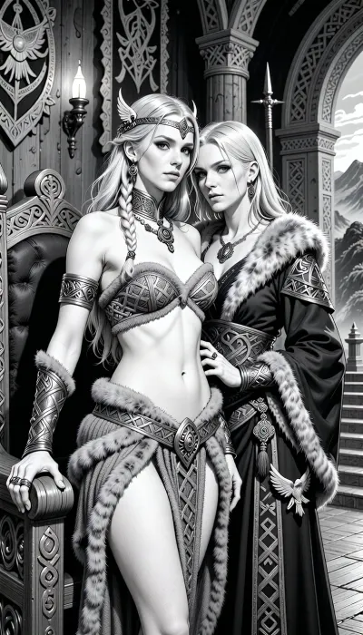 A black and white line drawing depicting, a beautiful adult Æsir princess stands in a magnificent royal hall in Asgard, in a mythic fantasy world inspired by Norse legend and heroic sword-and-sorcery. She is in her mid-twenties, tall, regal and powerful, with light skin, and long light hair braided with rings and small runic ornaments. Her features are noble, elegant and strong, and her expression is calm, proud and self-assured. She wears luxurious Asgardian royal clothing, a finely woven bikini layered with rich wool, linen and fur, fitted but regal, embroidered with knotwork, with heavy arm rings, rings, a broad neck collar and a delicate circlet with subtle raven and sun motifs. One hand rests on the carved arm of a great wooden throne.

Behind and slightly beside her stands her female Æsir sorceress, advisor and lover. She is an equally beautiful adult woman, slightly taller, long light hair, pale eyes and an intense, unreadable expression. She wears layered dark robes, trimmed with fur and embroidered with runes and knotwork, adorned with jewelry, and a carved small talisman shaped like a raven. She stands much closer than a mere advisor should, one hand resting lightly and possessively at the princess’s waist as she leans toward her ear as if whispering private counsel. The princess’s relaxed posture and faint private smile reveal intimacy, trust and conspiracy between them.

The hall is unmistakably Asgardian, towering carved wooden pillars, knotwork beams, braziers, banners, furs, shields and ceremonial spears on the walls, intricate carvings of gods and heroes, wood and stone floors, and distant arches opening toward mountains and a dramatic northern sky.

Render as a black and white line drawing, detailed ink illustration, clean contour lines, elegant hatching and cross-hatching, high detail, no color, no grayscale painting, no painterly shading, classic fantasy illustration feel, crisp linework, strong silhouette, dramatic lighting suggested through line density, full-body composition, princess dominant in the foreground, sorceress intimately behind her, richly detailed costumes, jewelry and architecture, realistic anatomy, refined monochrome fantasy art.