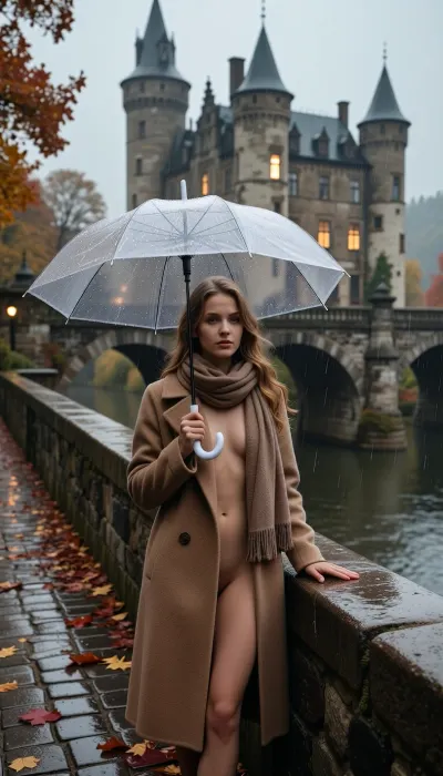 Photorealistic cinematic autumn scene, beautiful young woman standing on an old stone bridge leading to a historic European castle during gentle autumn rain, framed so she is the main subject while the bridge and castle remain prominent, late twenties, natural Scandinavian beauty, softly windswept hair, calm thoughtful expression, her naked body visible under an elegant warm wool coat, with a scarf, holding a transparent umbrella above her, raindrops clearly visible across the umbrella surface, one hand resting near the weathered stone bridge railing, wet cobblestones covered with scattered red, amber and golden leaves, river flowing below, ancient castle rising prominently behind her through soft gray mist, warm lights glowing faintly from a few castle windows, muted overcast afternoon light, subtle reflections on wet stone, intimate romantic atmosphere, elegant European autumn photography, realistic anatomy, realistic hands, realistic transparent umbrella, cinematic composition, shallow depth of field but bridge and castle clearly readable, high detail