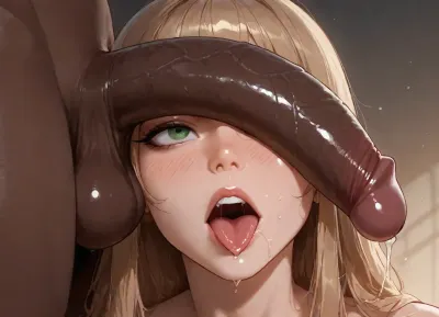 (ilya_kuvshinov:.7), (semi_realistic:1.1), (detailed_face:1.2), realistic_face, 1girl, 1boy, hetero, interracial, (penis_on_face:1.3), (flaccid:1.5), (soft_penis:1.2), (huge_penis:1.3), thick, heavy, uncircumcised, foreskin, covered_glans, (dark_skin_male:1.2), dark_penis, (precum:1.2), leaking_precum, wet_tip, dripping, ((resting_on_face:1.2)), penis_across_face, covering_eye, girl_face_close_up, (wide_eyes:1.3), (shocked_expression:1.2), (looking_at_penis:1.2), eyes_focused_downward, (half-lidded_eyes:1.1), (open_mouth:1.2), (tongue_out:1.3), (tongue:1.2), licking, saliva, (saliva_trail:1.1), wet, drool, saliva_on_penis, spit, green_eyes, (size_difference:1.2), penis_larger_than_face, light_brown_hair, long_hair, soft_waves, smokey_eyeshadow, brown_eyeshadow, mascara, long_eyelashes, pink_lips, natural_blush, oval_face, soft_jawline, small_nose, fair_skin, (extreme_close_up:1.3), face_focus, portrait, shallow_depth_of_field, soft_lighting, warm_tones, studio_lighting