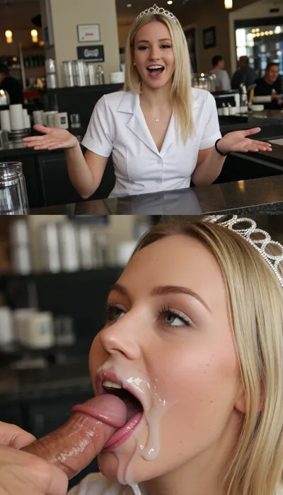 Photorealistic vertical split-screen, top half and bottom half completely independent, interracial.

TOP HALF, Young blonde woman with silver tiara and white uniform standing behind a counter, exact same framing as the top reference. She is alone. She behaves actively and energetically, smiles flirty, gestures with her hands, shifts her weight, leans closer to the camera while speaking, and makes lively natural head and shoulder movements. She looks at the camera and speaks energetically with playful pauses in a teasing voice, “Em… I’ve got a 5-minute break right now… Any ideas what we can do? M?…” Only her voice is heard. Soft natural breathing. Moderately busy cafe background sounds with distant voices. No oral actions, no cock, no cum on the top half.

BOTTOM HALF, Close-up of the same young blonde woman. Her face, lips and chin are covered with transparent white cum from the first frame and the cum stays on her face the entire time. A man’s hand rhythmically strokes a thick hard cock. She greedily sucks the cock, looking at the camera with a happy pleasure expression, moving her mouth on the cock and smearing the cum. No speaking, no dialogue, only soft wet sucking sounds and her quiet pleasure breathing. No counter.

Top half = active flirty gesturing, leaning closer, energetic monologue. Bottom half = only continuous blowjob with permanent cum and pleasure. The two halves never exchange actions, faces, or sound. Strict real-time normal speed.

Pure visual video, no subtitles, no text, no captions.