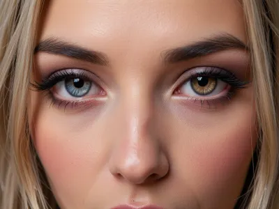 Woman, solo, nude, extreme facial close-up, blush, looking at viewer, (((heterochromia))), (extremely intricate and detailed, highly detailed eyes, high resolution eyes, high quality eyes, blonde hair, highly detailed hair), (masterpiece, sharp focus, award winning, cinematic lighting, warm glow lighting face), (heterochromia, symmetric eyes, different coloured eyes one blue-grey eye, one brown eye, detailed eyes, detailed iris, detailed pupils, limbal ring around iris, perfectly round iris, perfectly round pupils), (expressive eyes, striking eyes, captivating eyes, glittering eyes, Fae eyes), (photography rule of thirds), dark eyebrows