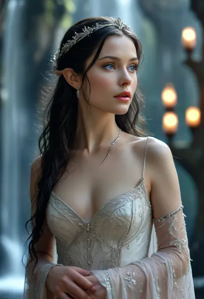 the stunningly beautiful Arwen Undómiel, Elven Princess of Rivendell, standing elegantly under the moonlight, surrounded by ancient Elven architecture and waterfalls, deep silver-blue eyes radiating wisdom and mystery, high cheekbones, delicate facial structure, flawless porcelain skin with a subtle ethereal glow, soft full pink lips slightly parted, long, loose and wavy jet-black hair cascading over her shoulders, illuminated by the heavenly glow, wearing an elegant flowing silver silk gown adorned with intricate Elven embroidery, wide ethereal sleeves falling gracefully, cinched at the waist with a delicate silver chain belt, Elven tiara resting upon her forehead, intricate filigree reflecting the moonlight, misty ambiance, upskirt, vagina, out, rear, shot, front, <lora:MJ52:.8>, <lora:upskirt:.8>