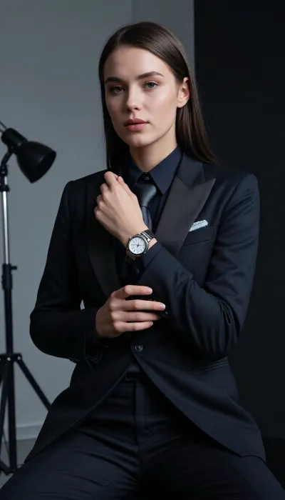A cinematic, photorealistic advertising shoot for a luxury wristwatch campaign. A stylish, sophisticated woman in her late twenties sits or stands in a refined minimalist studio setting, wearing a sharply tailored dark suit with subtle masculine-inspired elegance. She has smooth polished hair, understated premium makeup, and a calm, confident expression. She adjusts one shirt cuff so the wristwatch is clearly revealed and becomes the visual center of the image.

The watch should be prominently displayed, beautifully lit, and rendered with crisp metallic detail, subtle reflections, and a premium finish. The set is dark, elegant, and minimalist, with soft studio lighting and clean shadows that emphasize the contours of her face, hands, suit, and the polished watch. The overall mood is luxurious, intelligent, restrained, and sophisticated, like a premium watch advertisement from a high-end fashion magazine. Realistic anatomy, realistic hands and wrists, refined styling, believable advertising photography, subtle luxury, high detail, no clutter, product clearly visible, cinematic studio realism.