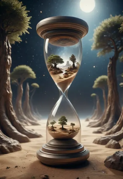 Hourglass, The upper part depicts a natural landscape with trees that flows into the lower part, in the lower part of the hourglass, you can see a desert landscape with an oasis, (((the hourglass floats in the infinity of the universe))), Scifi, Style, <lora:JJsScifiStyle_XL:.8>