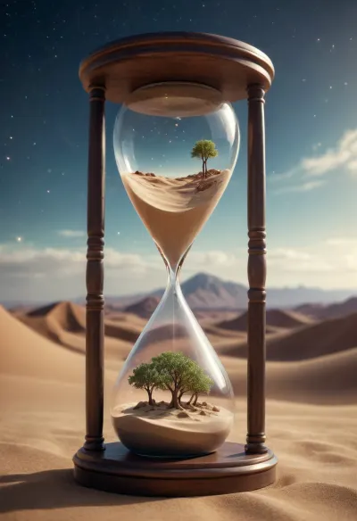 Hourglass, The upper part depicts a natural landscape with trees that flows into the lower part, in the lower part of the hourglass, you can see a desert landscape with an oasis, (((the hourglass floats in the infinity of the universe)))