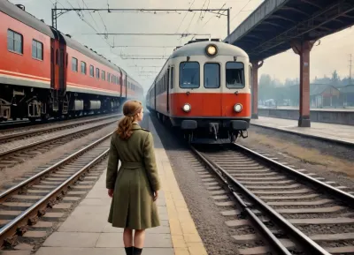 (in style of soviet propaganda poster), (in Valery Barykin art style), railway station, rear view of girl stands on a railway platform and looks into the distance at the head of an arriving electric train, locomotive seems to roll on viewer, creating the impression of rapid movement