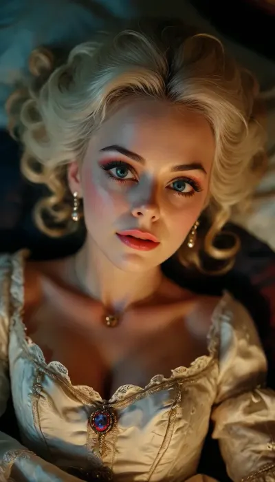 Marie Antoinette masterbation, masterbating, makeup, beautiful detailed eyes, depth blur, key visual, vibrant, highly detailed, lying on a bed, (((at night, in the dark))), (((viewed from overhead))), torchlit, <lora:bombshell_v2:1.6>, <lora:MJ52:.1>