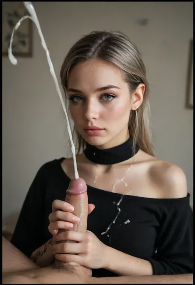 (1woman, 1man, hetero couple), (handjob, holding man's cock), A hyper‑realistic Instagram‑style photo of a petite, very thin E‑girl with a delicate alternative gothic look. She has a narrow triangular face, high cheekbones, an extremely slim jawline, and a sharp pointed chin. Her large, bright, doll‑like eyes—icy blue, pale gray, or soft green—catch the light with vivid sparkle, framed by long natural lashes. Her full, symmetrical lips have a soft nude or pale pink gloss.

Makeup is minimal and fresh, light mascara, faint blush, subtle highlighter on cheekbones, nose bridge, and cupid’s bow. Her ash‑gray hair is long, straight, silky, and slightly dimensional, falling smoothly over her shoulders with a few loose strands.

Her outfit is simple gothic, black oversized sweater, fitted turtleneck, or crop top with high‑waisted pants or a pleated skirt. Accessories are minimal, a tiny silver nose stud, small hoops. Include optional fine‑line gothic tattoos like crescent moons or geometric symbols on wrist, collarbone, or neck.

The background is softly blurred and moody, dim room with dark decor, fairy lights, muted tones, or diffused window light. Use a cool palette of grays, blacks, pale whites, and silver. Lighting is soft and diffused, adding gentle shadows and reflections that enhance her sharp features and eye depth. Mood is calm, ethereal, slightly melancholic. Her pose is relaxed and shy, head gently tilted, gazing softly into the camera. Looking at viewer, (1man, out of frame, white man, masturbating his, (small cock:1.6), (handjob)), (cum on body:1.6), (ejaculation:1.7), (white cum), (thick cum)