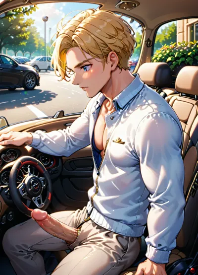 anime style, solo, POV outside cart, POV standing in car park looking into a car window, handsome 30 year old man with blonde hair sitting in the driver's seat, wearing a light linen shirt, navy pants unzipped and pulled down to his knees, big thick erect cock fully exposed and on display, looking towards steering wheel, side view, car window frame visible, detailed anime porn, high detail