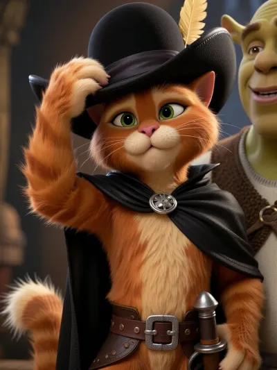 A flawless medium-shot of Puss in Boots from the cartoon *Shrek*, from the waist up. His anthropomorphic feline anatomy is reproduced with perfect accuracy, exactly as in the film. His arms and paws are completely covered on all sides with thick, soft orange fur. He is dressed in his authentic costume, a black hat with a wide brim and a yellow feather, a detailed leather belt with a silver buckle, and the hilt of a rapier on his belt. The cat displays his legendary, irresistibly cute, pleading expression with huge, shiny, twinkling green eyes, pointing one paw—entirely covered in fur—upwards towards his hat, as if to ask, ‘Does this hat suit me?’. Against a softly blurred background, Shrek and Donkey look at him with amusing, melting expressions of pure adoration. DreamWorks’ masterful 3D animation style, ultra-precise rendering of the fur where every individual hair is visible, rich velvety and leathery textures, vivid cinematic lighting, and high resolution.