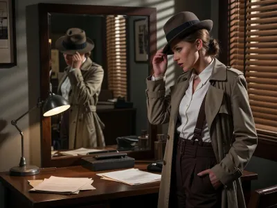 A cinematic, photorealistic noir-inspired scene of a stylish female private detective in a 1940s office, trying on a fedora in front of a mirror. She is in her late twenties or early thirties, intelligent and self-possessed, wearing a tailored trench coat or fitted shirt with suspenders and period-inspired detective styling. She tilts the fedora slightly with one hand and studies herself with a cool, questioning expression, as if asking whether the hat works for her. Venetian blind shadows fall across the room from a nearby window, creating classic noir lighting. The office contains a wooden desk, papers, a desk lamp, and a slightly worn atmosphere. The mirror and hat must both be clearly important to the composition. The mood is cinematic, stylish, dryly humorous, and strongly character-driven. Realistic anatomy, realistic hands, period-correct wardrobe, moody noir lighting, believable fedora, high detail.