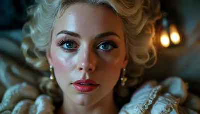 Marie Antoinette masterbation, masterbating, makeup, beautiful detailed eyes, depth blur, key visual, vibrant, highly detailed, lying on a bed, (((at night, in the dark))), (((viewed from overhead))), torchlit, <lora:bombshell_v2:1.6>, <lora:MJ52:.1>
