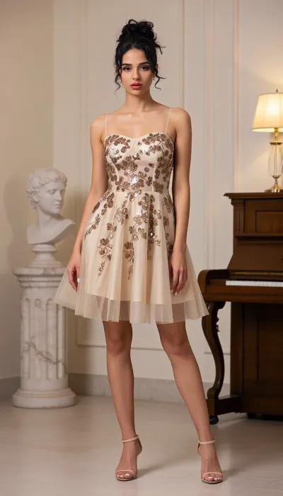 8k, cinematic, 26yo adult female, olive-tan skin, dark curly hair in a high messy bun, deep-set almond eyes, thick dark brows, full red lips, square-neckline champagne tulle mini dress with gold-brown floral sequin appliqué, thin straps, puffed A-line skirt, nude pointed ankle-strap heels, white toenails, standing poised in a cream-walled formal room with a marble bust and upright piano, soft warm lamp light, full body frontal