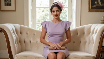 masterpiece best quality, 27yo adult female pinned-up brunette hair tanned skin glossy dark-red lips pale lilac fitted knee-length sheath dress flutter cap sleeves, pink feathered headpiece perched on head, sitting upright on a cream velvet chaise in a sunlit drawing room, both hands folded in lap holding a tan clutch, soft smile, full body, even soft window light, 8k realistic skin texture Kodak 35mm