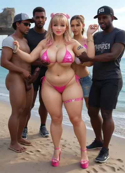 (((8K resolution))), ((people touching detailed)), (((adult performer perform, body Mika Slowana hairstyle, sexbabe ballistic plump enormous pouring breast, costume, massive matured pussy and glamorous booty, rapper hourglass body, experienced virgin, gangbang interracial bimbo perform reinvent Latina makeup))), ((wetting sea tasting by nudists in breast mouthed a job, wear heel and seductive bikini. The day, lighting HDR+, full body visibly)), (tattoos cover wrought body, detailed), ((public beach in porned sea))