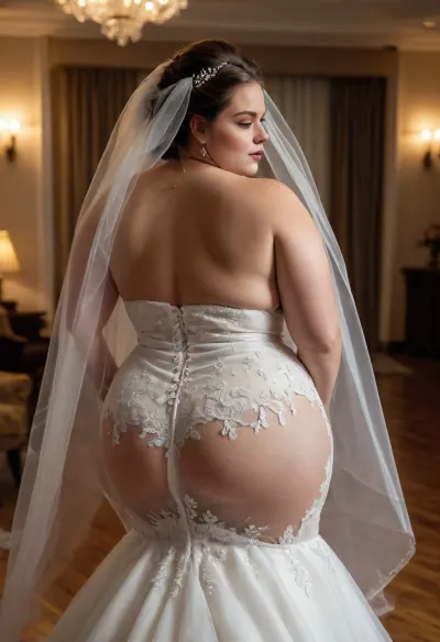 bbw woman in wedding dress and bride veil flashing her butt