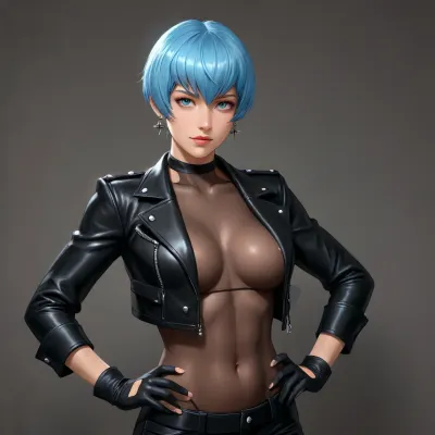 esdeath from akame ga kill dross style reiq meets, 1solo, adult, 20yo, skinny, futanari, posing, hands on hips, slim, (perfect feminine body), earrings, muscle tencion, ((short pixie hair)), blue eyes, (perfect beautiful face), smile, happy, (huge fake breasts), ((medium erect penis)), (((black leather jacket, long jacket, gloves, (mesh body stocking:1.5)))), (correct fingers, perfect fingers), clear dark grey background, (profile view), medium-level shot, side soft lighting, shadows
