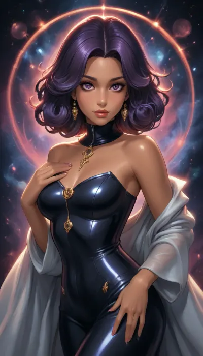 ((reiq style)), Olympia from Pokémon X and Y, the mysterious Psychic-type Gym Leader of Anistar City, full-body character portrait, ((dark-skinned elegant woman with long voluminous curled purple hair)), (((((extremely dark skin))))), striking violet eyes, serene and enigmatic expression, wearing her iconic futuristic silver-and-black outfit with flowing fabric, high collar, metallic details and celestial star motifs, dramatic cosmic Psychic energy surrounding her, glowing violet psychic aura, floating fragments of starlight and geometric symbols, subtle galaxy and nebula background, elegant regal posture, mystical fortune-teller atmosphere, otherworldly Anistar City aesthetic, sophisticated character design, intricate clothing details, polished anime-inspired illustration, dynamic flowing fabric, cinematic lighting, luminous purple and blue highlights, highly detailed, sharp focus, beautiful composition, official Pokémon character artwork feeling, fantasy sci-fi atmosphere, full body, 3/4 view.