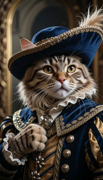 Portrait photographique d'art en plan rapproché, cadré au niveau du buste, capturant principalement le visage et le chapeau d'un chat anthropomorphe se posant la question «Does the hat look good on me?», cliché réalisé en plein format avec un objectif Zeiss 35 mm f/2.0. L'image présente le rendu d'une pellicule Kodak Kodachrome 200 ASA avec un grain authentique, (créant un bruit argentique visible), une plage dynamique étendue et une restitution parfaite des micro-textures. Qualité visuelle ultra-détaillée, netteté absolue au premier plan, bokeh d'arrière-plan d'une grande douceur et résolution 8K.

Portrait serré, (cadrage buste), d'un chat anthropomorphe de race Norvégien, (robe tigrée), — vêtu en mousquetaire, dans un chateau du XVIIes. Il arbore un pelage épais et dense, une collerette majestueuse, des yeux ambrés étincelants et est vêtu d'un pourpoint et d'un chat de mousquetaire. Le chat se tient devant un miroir ancien. Son expression est empreinte d'une fierté souveraine — une patte posée sur la poitrine —, il rayonne de satisfaction et d'une vanité royale qu'il se détourne du fond pour nous regarder, semblant nous demander si le chapeau lui sied.

Le chapeau de mousquetaire est confectionné en laine rigide teintée en bleu royal. La calotte est basse, légèrement aplatie au sommet. Le large bord est spectaculairement relevé d'un côté — ce côté relévé étant fixé à la calotte par une boucle argentée pour dégager le visage du chat — tandis que l'autre côté s'abaisse exagérément en une courbe élégante, le bord a été percé d'un trou pour laiseer passer l'une des oreilles du chat pour permettre de le bien le baisser, créant ainsi une asymétrie marquée du chapeau. Une plume élégante complète l'ensemble. Un soin tout particulier a été apporté à la confection de ce chapeau, qui est un authentique modèle de mousquetaire.

L'éclairage combine une lumière naturelle latérale en contre-plongée— évoquant une fenêtre d'atelier orientée au nord — et la lueur dorée d'une bougie. Ce jeu d'ombres et de lumières sculpte les contours du visage du chat, fait scintiller les dorures au fil d'or et révèle chaque poil avec une clarté optique absolue. Une atmosphère théâtrale, noble et riche en détails.