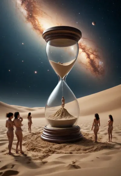 Hourglass, in the upper part, there are dancing naked women the sand flows into the lower part, in the lower part of the hourglass, you can see men waiting, (((the hourglass floats in the infinity of the universe)))